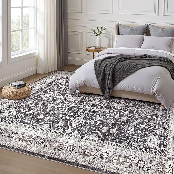 Black Rug Living Room Rugs: 8x10 Washable Boho Large Vintage Moody Soft Distressed Oriental Stain Resistant Non-Slip Indoor Floor Carpet for Bedroom Playroom Office Dining Room Retro Home House
