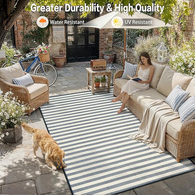 HUGEAR 8'x10' Outdoor Rug Waterproof Plastic Straw Rugs Large Blue Stripe Reversible Mat Floor Carpet for Camping RV Deck Entryance Porch Picnic Balcony Beach Backyard
