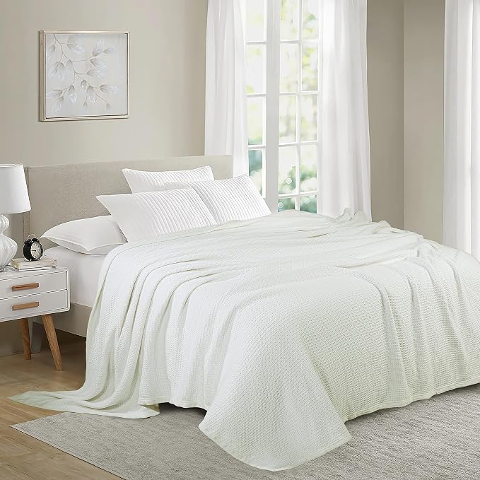 TreeWool Premium 100% Cotton Waffle Summer King Blanket (90"x108", Ivory) | 420 GSM Breathable Lightweight Moisture Wicking Soft Knit Thermal Blanket for Bed or Sofa All-season Comfort Machine Washable