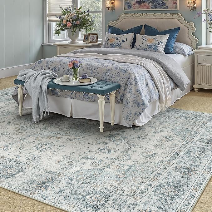HUGEAR Area Rug 6x9 Machine Washable Living Room Rugs Light Blue Distressed Vintage Floral Low Pile Carpet Bedroom Office Dining Room Laundry Room Non Slip Soft Lightweight