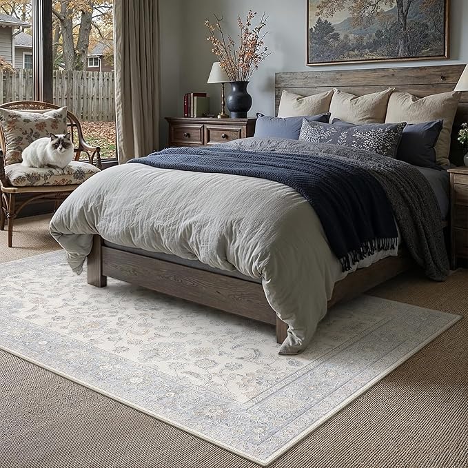 10x14 Blue Washable Area Rug for Living Room Bedroom Neutral Soft Floral Non Slip Large Throw Rug Lightweight Vintage Low Pile Distressed Carpet Doormat Office Playroom Dining Room Home Decor