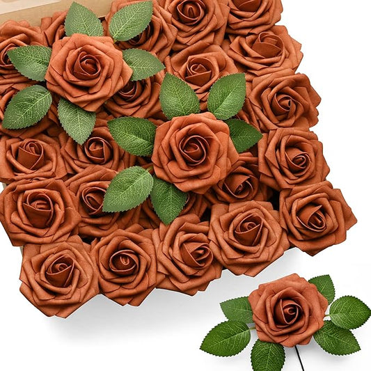 Mocoosy 50Pcs Burnt Orange Flowers Artificial Rose, Rust Fake Rose for Decoration, Real Touch Terracotta Foam Roses with Stems Wedding Bridal Shower Mother's Day Floral Arrangement Party Home Decor