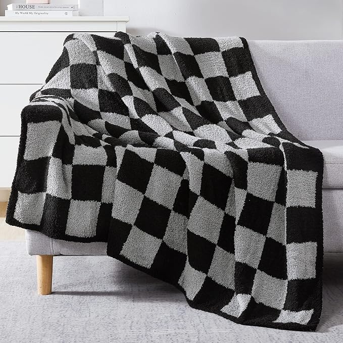 WRENSONGE Soft Twin Size Checkered Blanket for Bed-Cozy Knitted Blankets | Lightweight Fluffy Warm Decor for Women, Mom, Her & Girls, Sofa, Chair, Couch, 60x80in, Black Grey