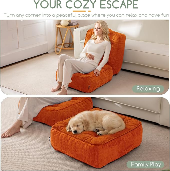 HIGOGOGO 8" Extra Thick Floor Pillow Cushion for Adults, Meditation Cushion Pillow with Handle, Lustrous Chenille Tufted, Square Floor Sitting for Tatami Living Room or Yoga, 22x22 Inch, Orange