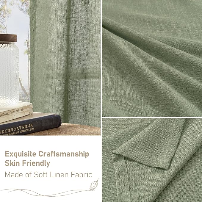 LAMIT Sage Green Linen Curtains 30 Inch Length, Semi Sheer Light Filtering Window Panels Back Tab and Rod Pocket Drapes for Kitchen/Basement/Small Windows, 25 x 30 Inch, 2 Panels