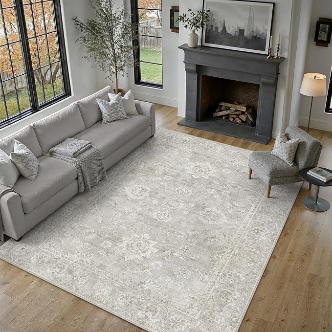 9x12 Grey Area Rug for Living Room Bedroom Neutral Floral Soft Non Slip Rug Low Pile Distressed Large Carpet for Dining Room Nursery Office Indoor