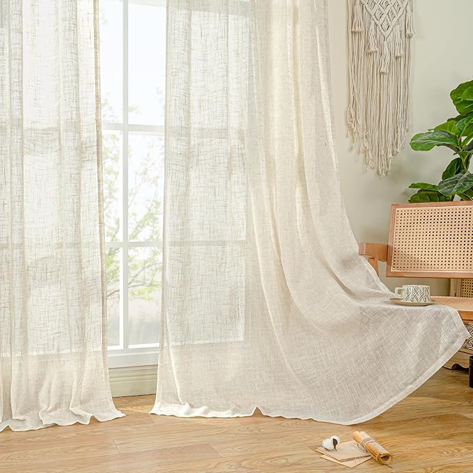 LAMIT Natural Semi Sheer Linen Curtains, Cream Ivory Light Filtering Panels Back Tab and Rod Pocket Neutral Drapes for Bedroom/Living Room, Natural, 2 Panels, 34 x 60 Inch