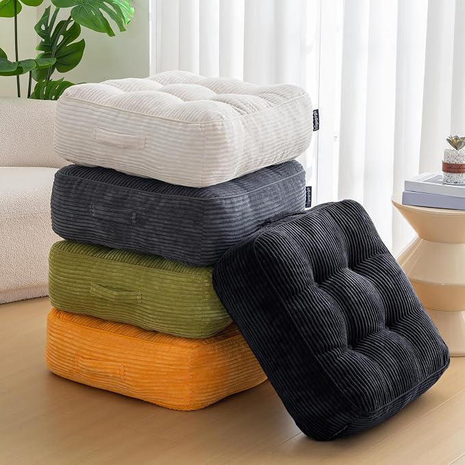 HIGOGOGO 8" Extra Thick Floor Pillow Cushion for Adults, Meditation Cushion Pillow, Large Square Floor Sitting, Tufted Corduroy Cover, for Tatami Living Room or Yoga, 22x22 Inch, 2Pack, Dark Grey