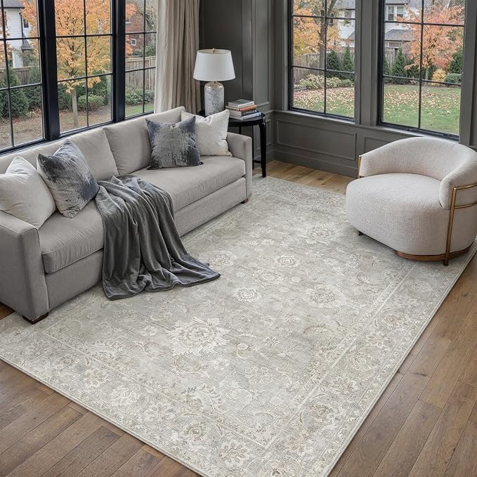 6x9 Grey Washable Area Rug for Living Room Bedroom Neutral Floral Soft Non Slip Rug Low Pile Distressed Carpet for Dining Room Nursery Office Indoor