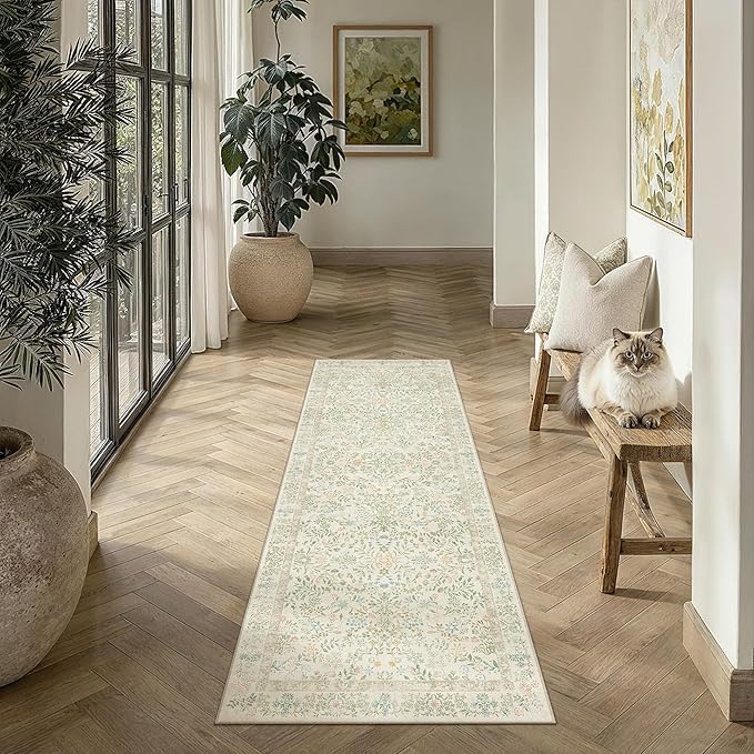 PureCozy 2x6 Light Green Area Rug for Kitchen Washable Vintage Floral Carpet Low Pile Non Slip Botanical Aesthetic Soft Accent Throw Rug Entrance Bathroom Bedroom Nursery Office Indoor