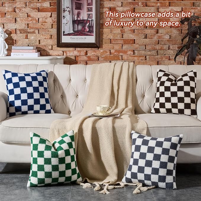 AmHoo Pack of 2 Decorative Throw Pillow Covers Checkerboard Luxury Super Soft Faux Fur Wool Set Case Cushion for Couch Sofa Bedroom 18 x 18-Inch Gray