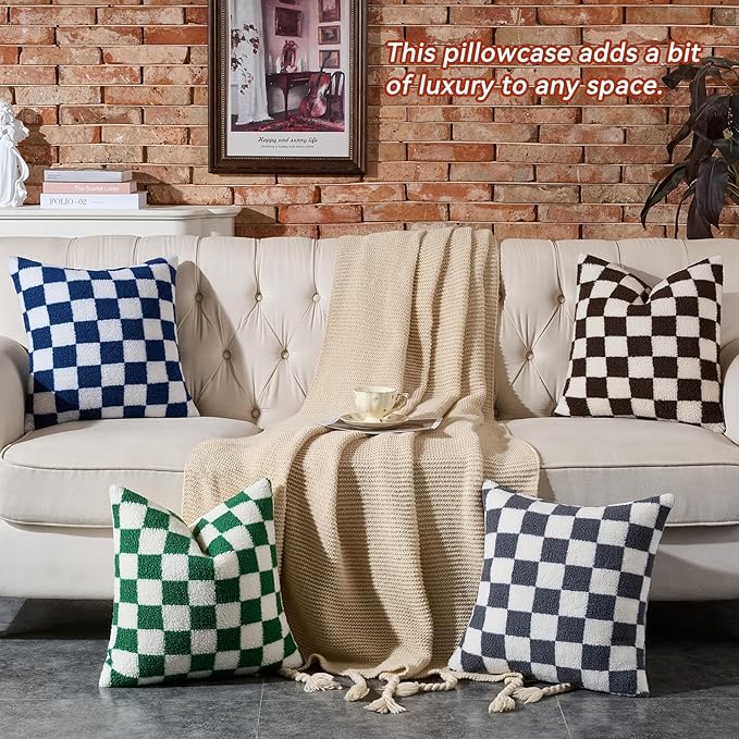 AmHoo Pack of 2 Decorative Throw Pillow Covers Checkerboard Luxury Super Soft Faux Fur Wool Set Case Cushion for Couch Sofa Bedroom 24 x 24-Inch Navy Blue