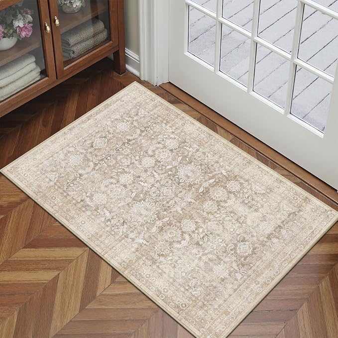 2x3 Beige Washable Neutral Area Rug for Entryway Non Slip Soft Thin Throw Rug Floral Durable Low Pile Carpet Modern Stain Resistant Door Mat for Living Room Laundry Kitchen Office Playroom