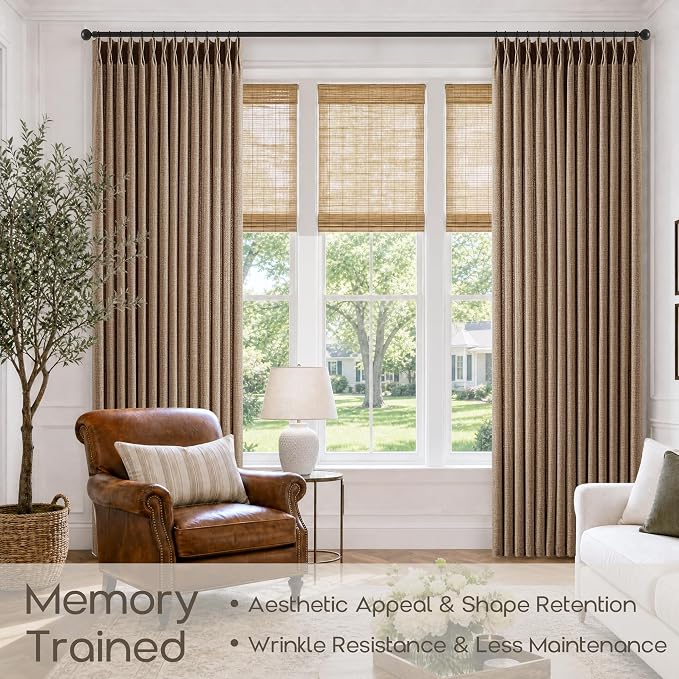 Rust Brown Linen Pleated Curtains 84 Inches 2 Panels Set Rustic Retro Semi Sheer Light Filter Thick Linen Pinch Pleat Office Curtain 84 Inch Length Tan Back Tab Drapes for Living Dining Room Bedroom
