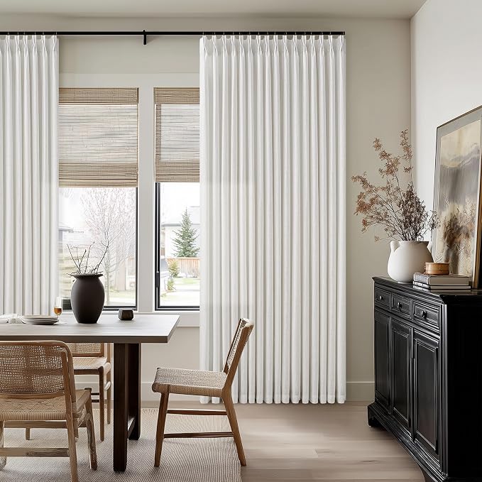 105 Inch Linen Curtains for Living Room Dining Floor to Ceiling Pinch Pleated Hooks Rings Back Tab Light Filtering Semi Sheer Curtain Drapes 2 Panels Set for Large Window Boho Neutral Beige White