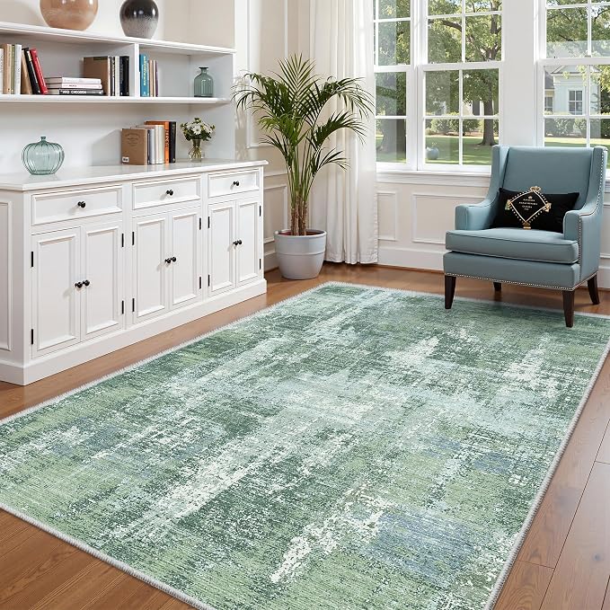 Valenrug Washable Rugs 5x8 - Stain Resistant 5x8 Area Rugs for Living Room, Non Slip Backing Abstract Rugs for Bedroom, Folable Machine Washable Area Rug(5'x8', Sage Green)