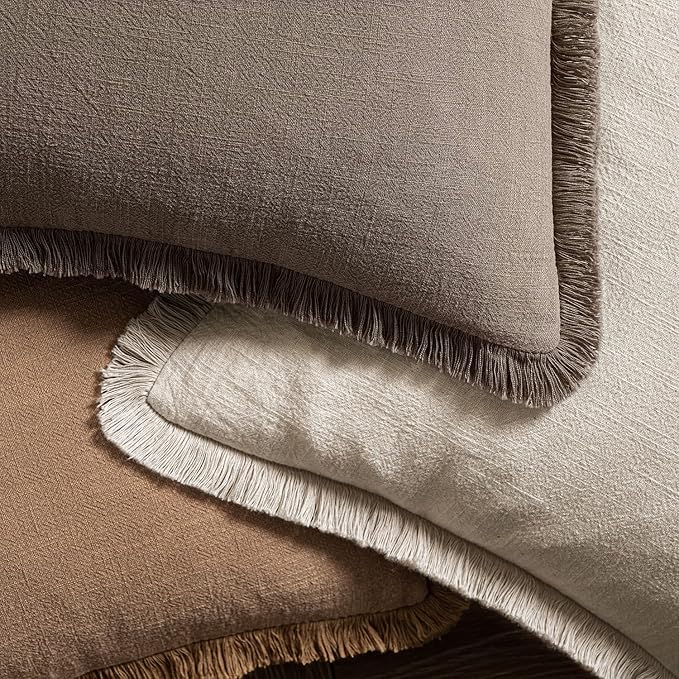 MIULEE Decorative Throw Pillow Covers Neutral Linen Fringe Throw Pillows Euro Shams Set of 2 Natural Coffee Boho Farmhouse Cushion Covers for Couch Sofa Bed Living Room Spring Home Decor 26x26 Inch