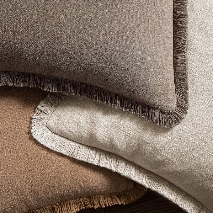 MIULEE Decorative Throw Pillow Covers Neutral Linen Fringe Throw Pillows Euro Shams Set of 2 Natural Coffee Boho Farmhouse Cushion Covers for Couch Sofa Bed Living Room Fall Home Decor 22x22 Inch