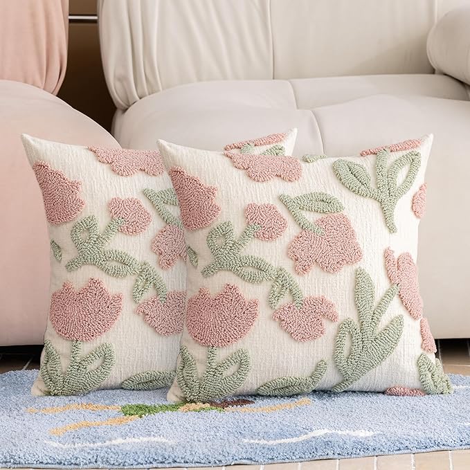 Pink Floral Embroidered Throw Pillow Covers 20" x 20" Set of 2, Farmhouse Flowers Green Leaves Tufted Patterned Cushion Cases for Couch Bed Living Room Decor