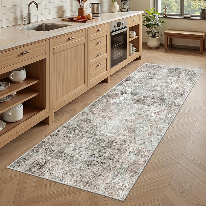 Soalmost Runner Rug 2x5 Washable Non-Slip Kitchen Runner Rugs for Bathroom Laundry Room Pink/Grey Vintage Floor Carpet Runners for Hallway Entryway