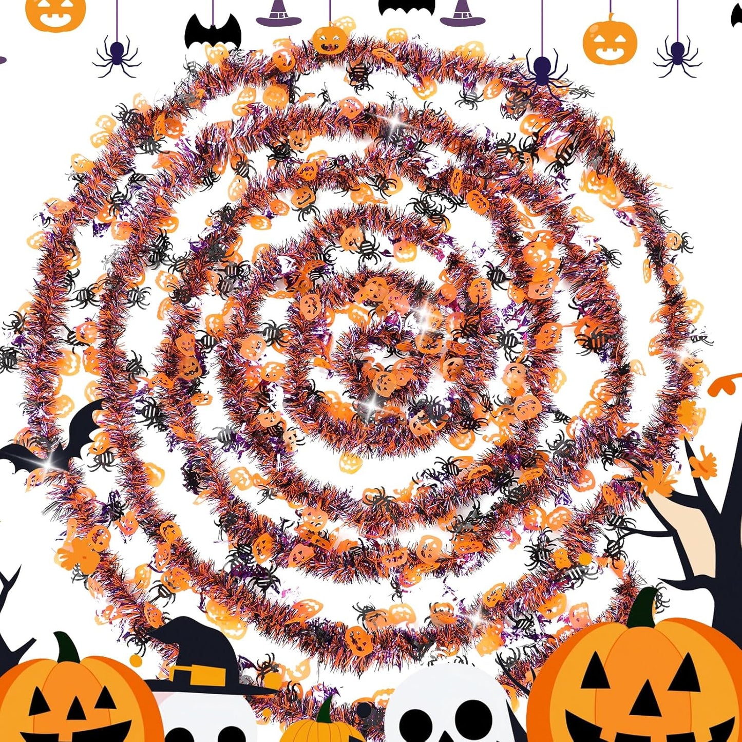 33 FT Halloween Tinsel Garland Decorations,Orange Purple Black Halloween Garland with Pumpkins, Bat, Spider Shiny Metallic Garlands for Indoor Outdoor Decorations