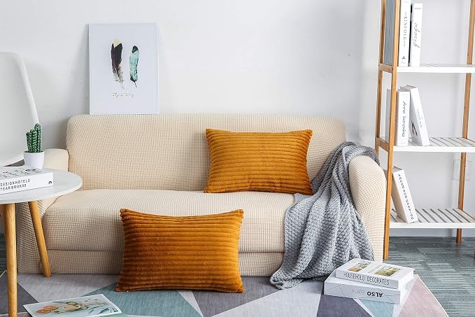 TangDepot Velvet Big Corduroy Pillow Covers 12x24 Light Brown 2-Pack | Soft wide-stripe corduroy pillow cover, hidden zipper, machine washable, easy refresh, for bedroom living room indoor outdoor