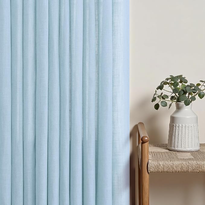 Light Blue Pinch Pleat Linen Curtains 96 Inches Long for Living Room Bedroom Pale Blue Lake Sky Blue Pleated Curtains Hooks Rings Neutral Rustic Coastal Beach Decor Semi Sheer Drapes 2 Panels Back Tab