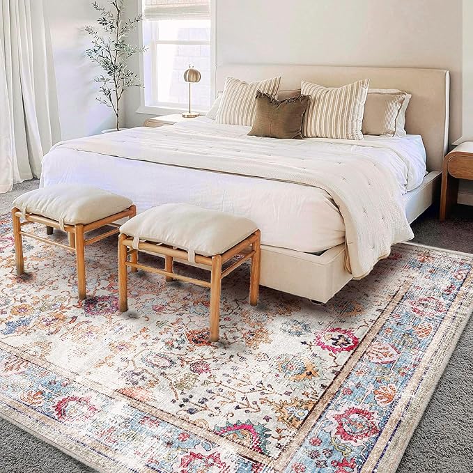 CHAMPLANT Washable 10'x14' Area Rug Vintage Traditional Distressed Indoor Foldable Thin Retro Accent Floral Non Slip Carpet Living Room Dining Room Office