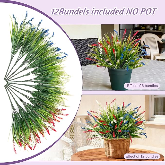 Ammyoo Artificial Faux Plants for Outdoor Spring Decoration, 12 Pcs Fake Monkey Grass for Garden Porch Balcony Planters, Fake Flowers Shrubs UV Resistant No Fade Plants Greenery Bush (Red Blue White)