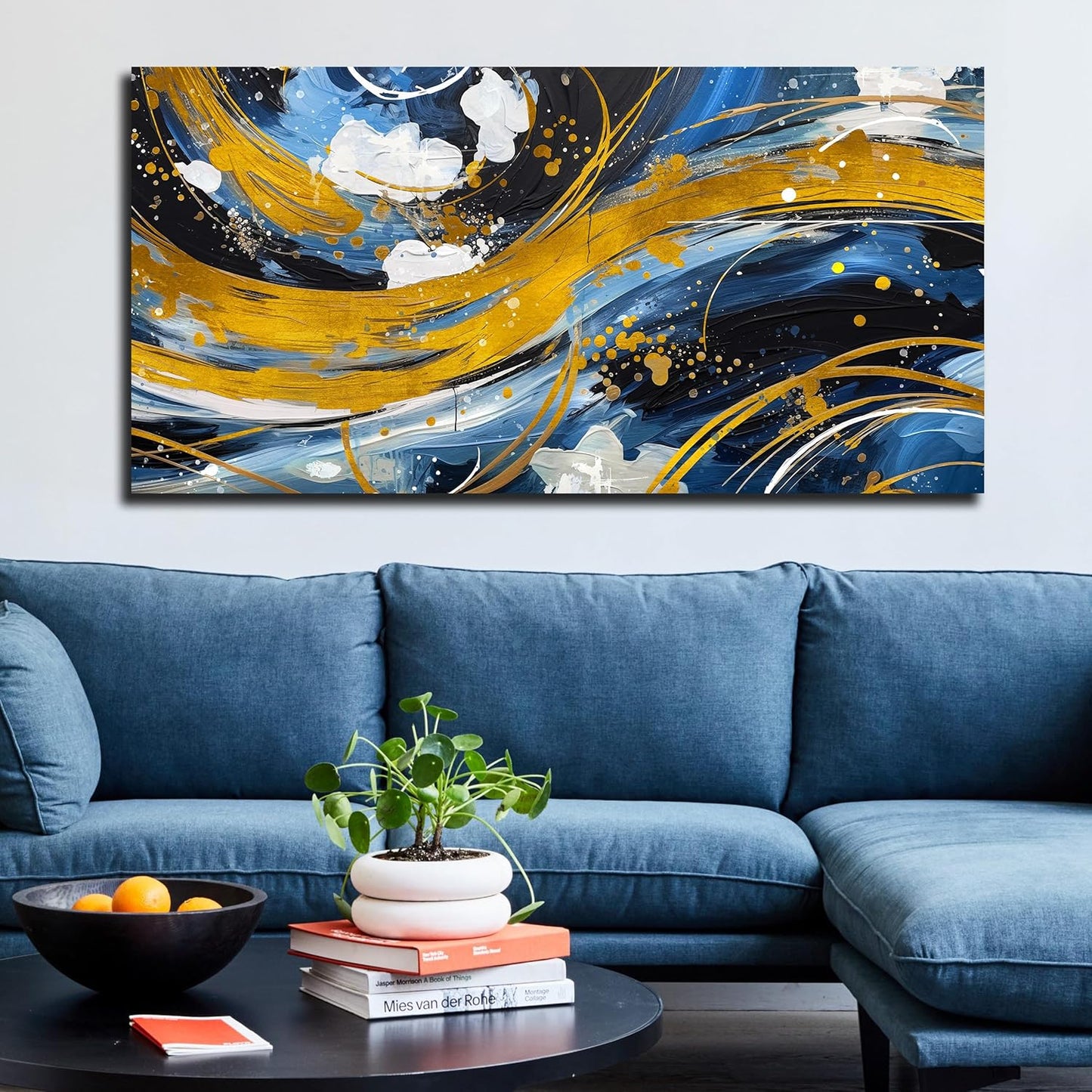ENTANUB Abstract Canvas Wall Art for Living Room, Gold and Blue Wall Decor for Bedroom, Print Paintings Artwork, Size 29x59 Inches