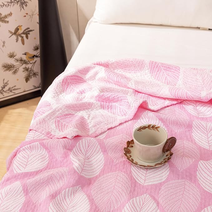 MEJU Modern Leaf Pink Kids Young Girls Muslin Lightweight Blanket for Bed Sofa Couch 100% Combed Cotton 3 Layer Soft Warm Reversible Throw Blanket Bedspread Bed Coverlet Full Queen 80 in x 90 in