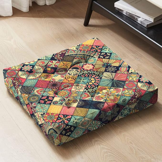 Mandala Meditation Cushion, Boho Meditation Mat, Meditation Pillows for Sitting on Floor, Cushions for Sitting in Home and Outdoor, Square Floor Pillow Cushion Seating for Yoga Accessories 22'' X 22''