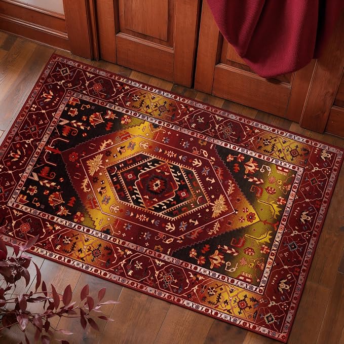 SERISSA Boho Rugs for Entryway, 2x3 Washable Non-Slip Rug Small Area Rug, Ultra Soft Oriental Vintage Rustic Red Gold Low-Pile Indoor Door Mat Floor Carpet for Entrance Bedroom Kitchen Bathroom