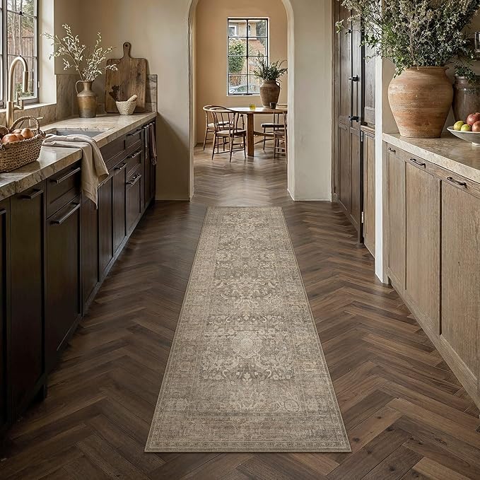 HUGEAR Hallway Runner Rugs 2x6 Light Brown Washable Rug Neutral Vintage Rug Carpet Distressed Soft Durable Non Slip No Shedding for Indoor Bedroom Kitchen Dining Nursery Laundry