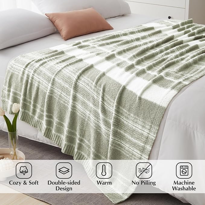 WRENSONGE Soft Twin Blanket for Bed-Cozy Warm Reversible Knitted Blankets | Lightweight Fluffy Decor for Women, Mom, Her & Girls, Sofa, Chair, Couch, 60x80in,Sage Green Stripe