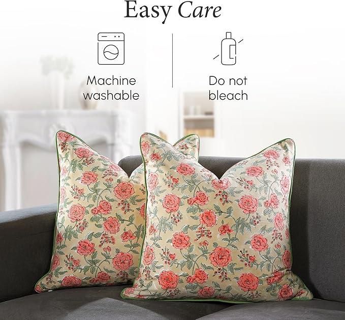 CPC 100% Cotton Throw Pillow Covers 24x24 Inch, Set of 2 Orange Block Print Pattern Couch Pillow, Cute Boho Decorative Pillows for Living Room, Bedroom with Hidden Zipper- Fire Opal
