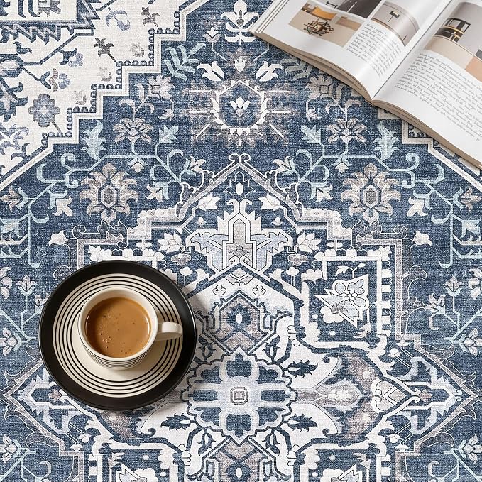 UERMEI 5x7 Area Rug for Living Room - Washable Vintage Carpet, Non-Slip Soft Large Indoor Floor Rugs for Bedroom Home Office & Under Dining Table Decor, Denim Blue/White