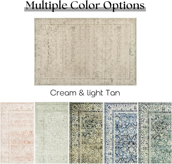 BILEEHOME Cream and Light Tan Rug for Bedroom Neutral Boho Farmhouse Floral Washable Soft Distressed Low Pile Non Slip Area Rugs for Living Room Home Office,5x8