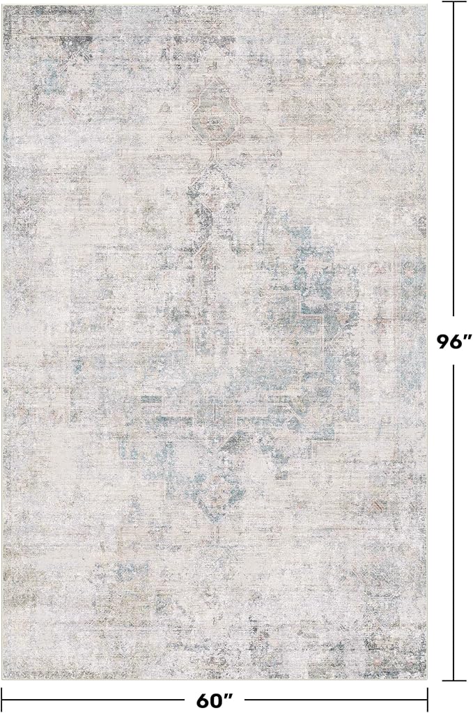Hazo Haus Blue Abstract Rug for Dining Room - 5x8 Modern Area Rug for Home Office, Foyer, Bedroom, Low Pile & Lightweight