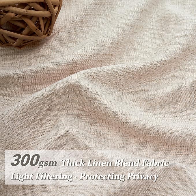 PleatedDrapes Textured Semi Sheer Burlap Curtains 84 Inches Long, Neutral Country Tan Beige Flax Linen Ceiling Track Light Filtering Curtains for Sliding Glass Door/Ofiice 2 Panels Hooks Privacy Drape