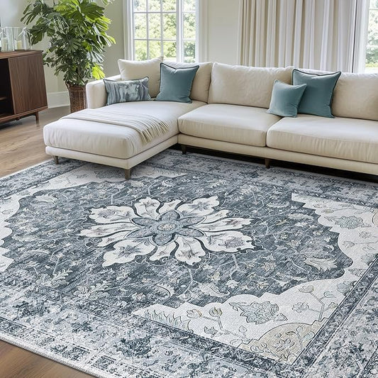 RELEANY Area Rugs 7'x9' Washable Non-Slip, Floral Vintage Distress Print Pattern Medallion Carpet for Living Room Bedroom Dining Room, Light Gray Grey White