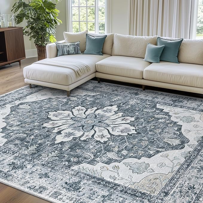 RELEANY Area Rugs 8'x10' Washable Non-Slip, Floral Vintage Distress Print Pattern Medallion Carpet for Living Room Bedroom Dining Room, Light Gray Grey White