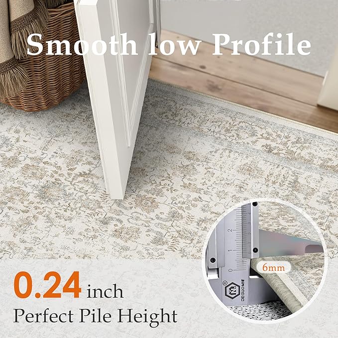 PureCozy Taupe Area Rug 7x9 Machine Washable Vintage Living Room Distressed Non Slip Carpet Traditional Indoor Bedroom Retro Floral Accent Throw Large Rug for Office Kitchen Dining Room
