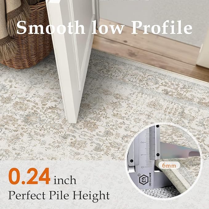 PureCozy Taupe Runner Rug 2'6"x14' Washable Carpet for Hallway Kitchen Vintage Distressed Non Slip Indoor Retro Floral Bedroom Accent Throw Long Rug Bathroom Office Laundry Dining Living Room
