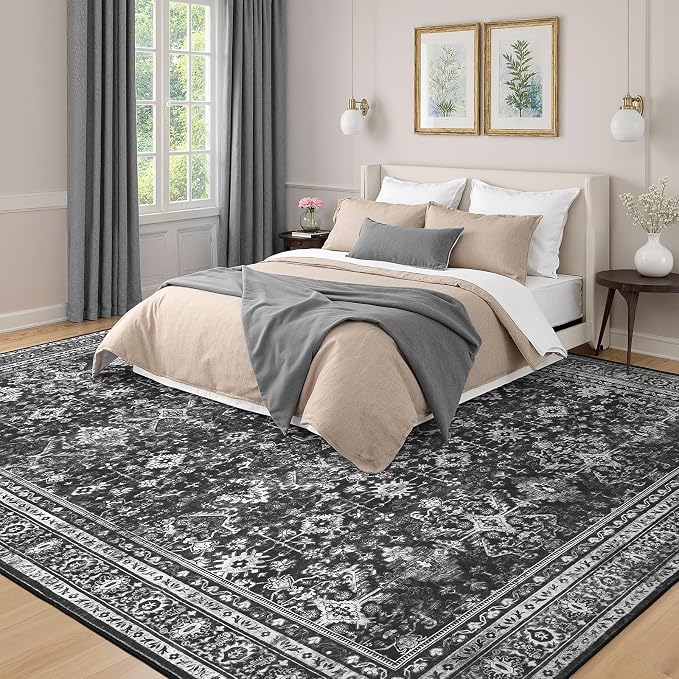 Lofus 8x10 Area Rug for Living Room,Black Washable Area Rugs with Non-Slip Backing,Soft Boho Carpets for Bedroom Dining Room Home Office Indoor Nursery