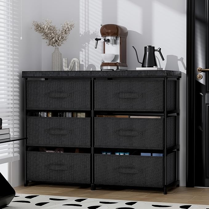 PPN Dresser with 6 Fabric Drawer Stand Desktop Sturdy Metal Plastic Support Tube Cube Storage Cabinet for Living Room, Bedroom Organization Dorm Front Hall Entryway Black