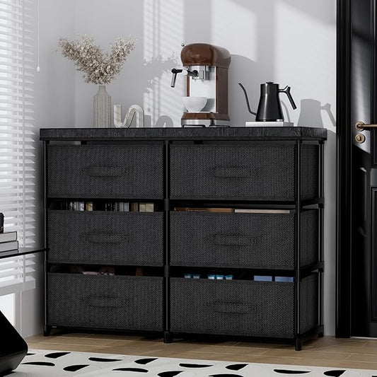 PPN Dresser with 6 Fabric Drawer Stand Desktop Sturdy Metal Plastic Support Tube Cube Storage Cabinet for Living Room, Bedroom Organization Dorm Front Hall Entryway Black