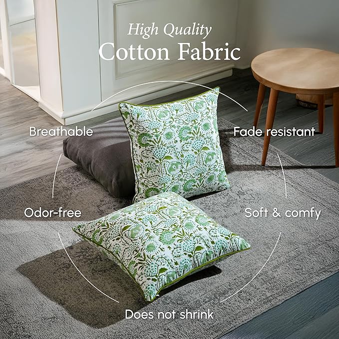 CPC 100% Cotton Throw Pillow Covers 18x18 Inch, Set of 2 Green Block Print Pattern Couch Pillow, Cute Boho Decorative Pillows for Living Room, Bedroom with Hidden Zipper- Agate Green