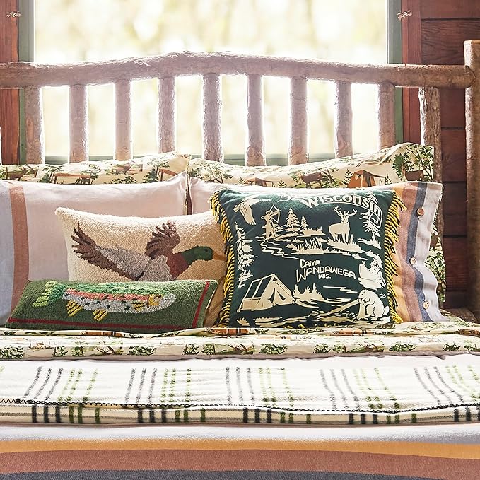 Camp Wandawega Trout Wool Hook Throw Pillow, Vintage Lodge Decorative Pillow, Oblong 8x22