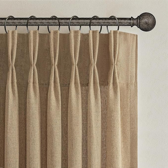 Pinch Pleated Rust Brown Semi Sheer Bedroom Curtains 96 Inches Long 2 Panels Set, Memory Trained Linen Blend Light Filtering Natural Curtain Farmhouse Viral Window Drapes for Dining Room 8FT Length